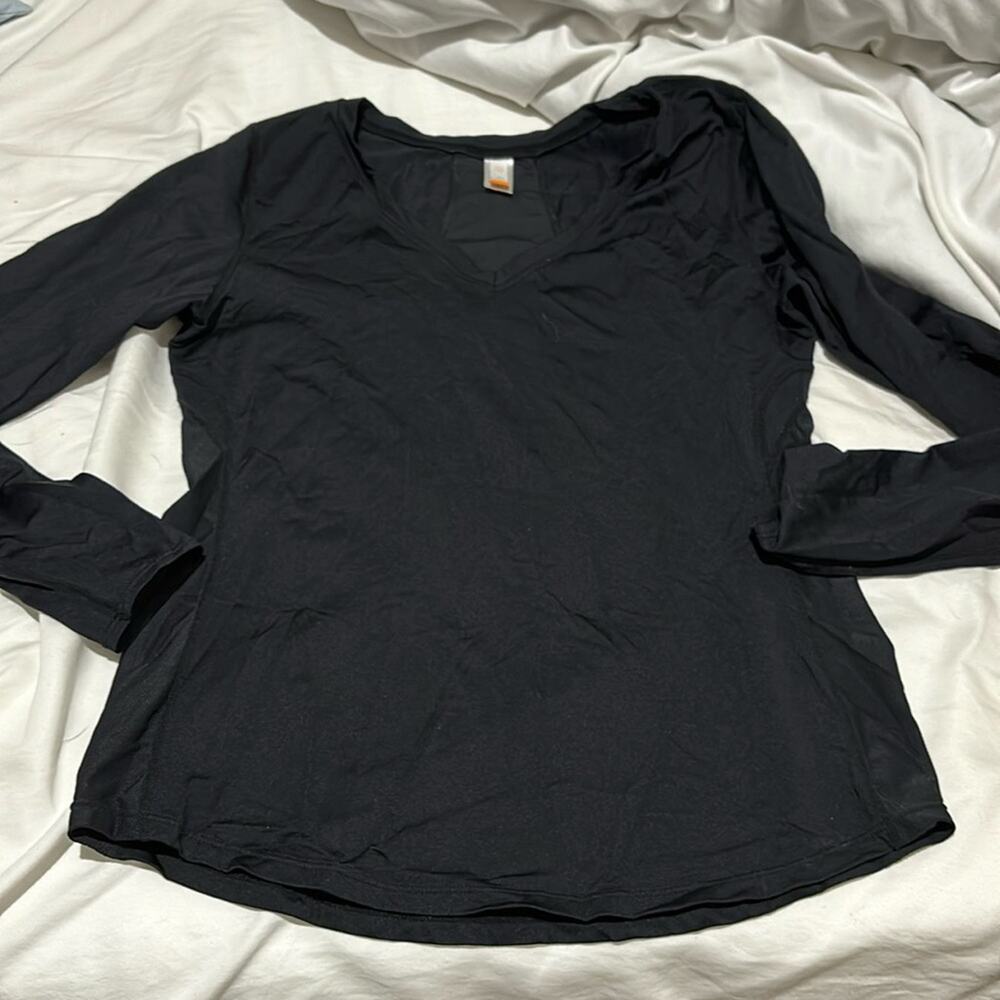 Lucy L black long sleeve nylon spandex fitted running g workout v neck top euc